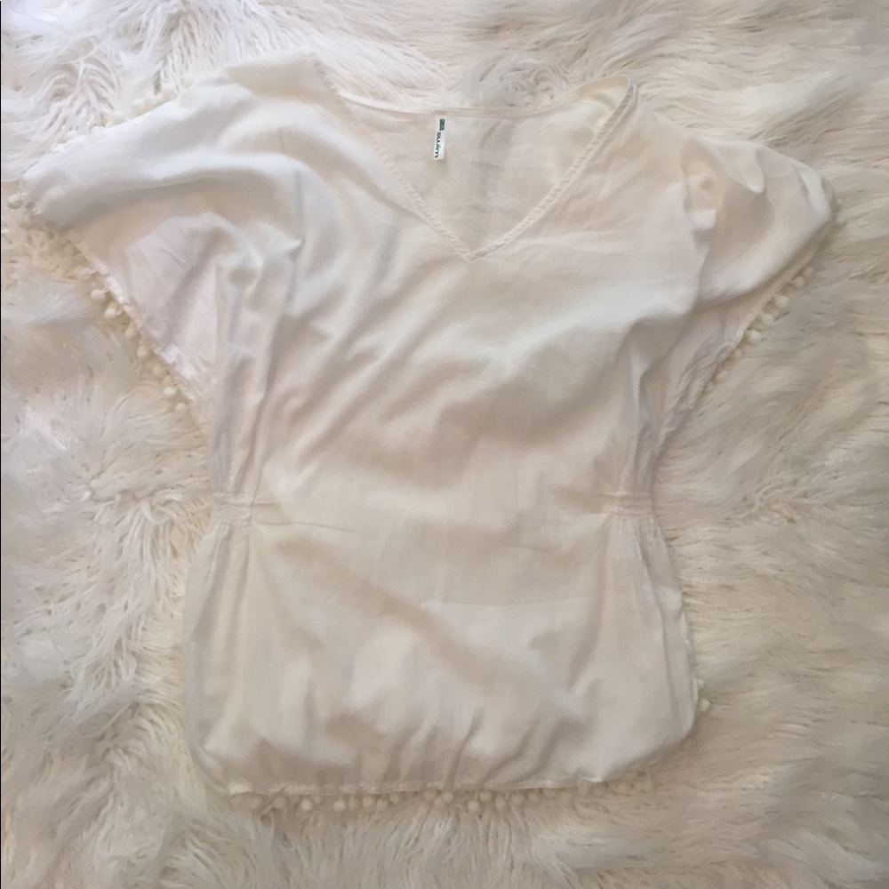 White ASOS Swim Coverup with Pom Pom Trim
